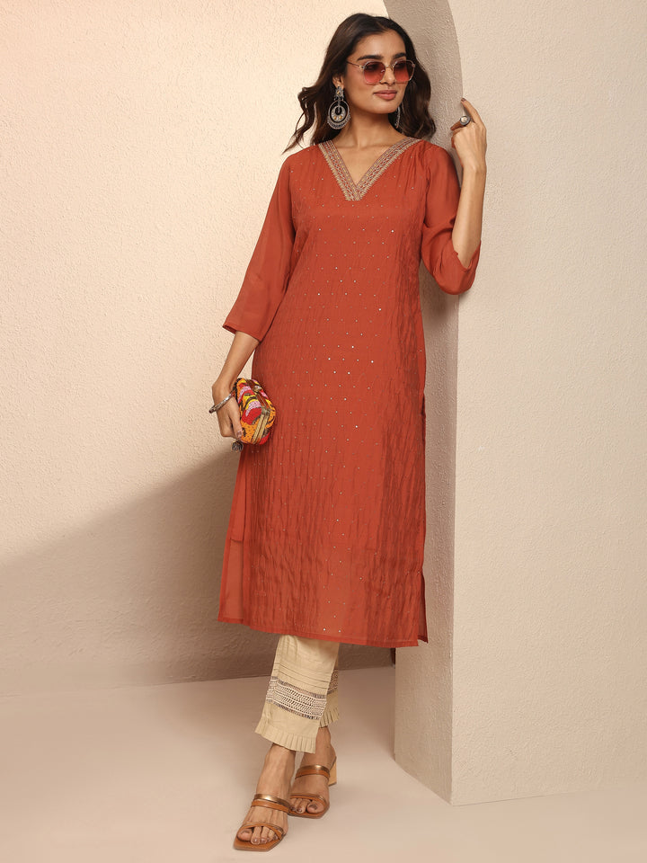 Rust Embellished Chanderi Cotton Straight Kurta