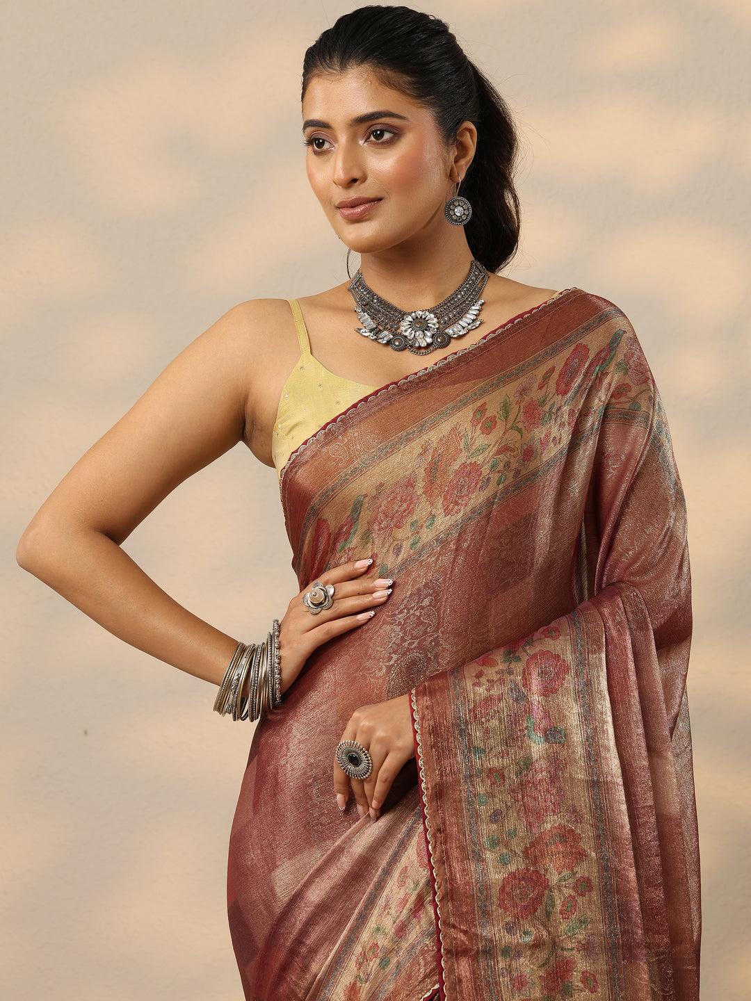 Rust Embellished Organza Saree With Unstitched Blouse Piece