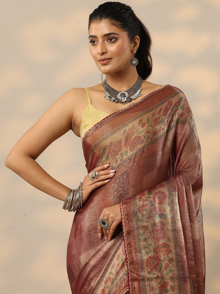 Rust Embellished Organza Saree With Unstitched Blouse Piece