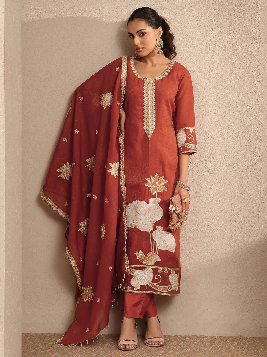 Rust Embroidered Chinon Straight Suit Set With Dupatta