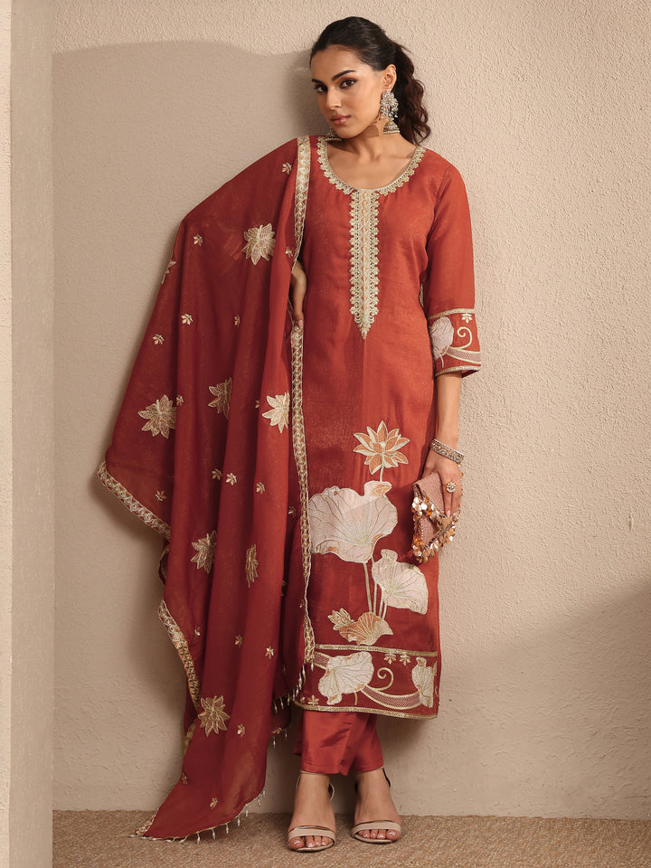Rust Embroidered Chinon Straight Suit Set With Dupatta