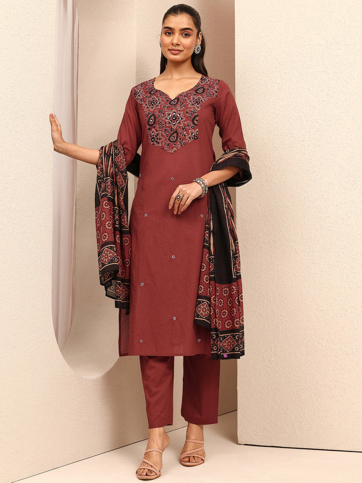Rust Embroidered Cotton Straight Suit Set With Dupatta