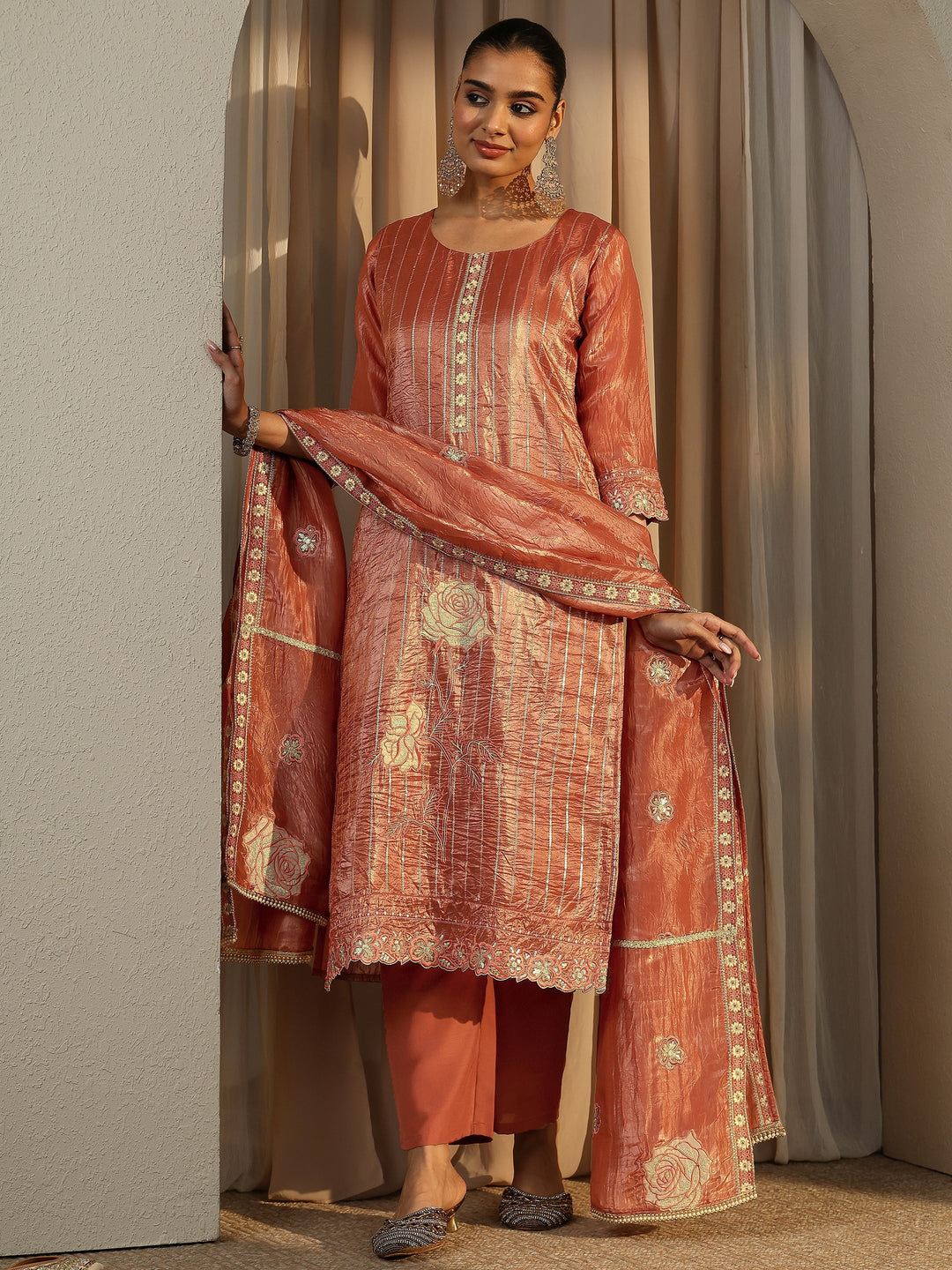 Rust Embroidered Organza Straight Suit Set With Dupatta