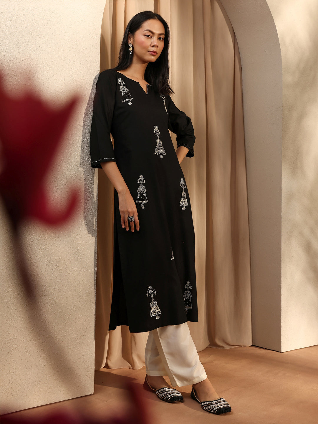 Rust Embroidered Rayon Straight Kurta