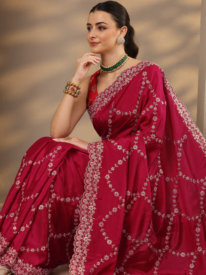 Rust Embroidered Silk Blend Saree With Unstitched Blouse Piece