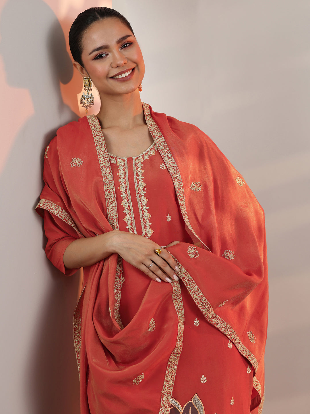 Rust Embroidered Silk Blend Straight Suit Set With Dupatta