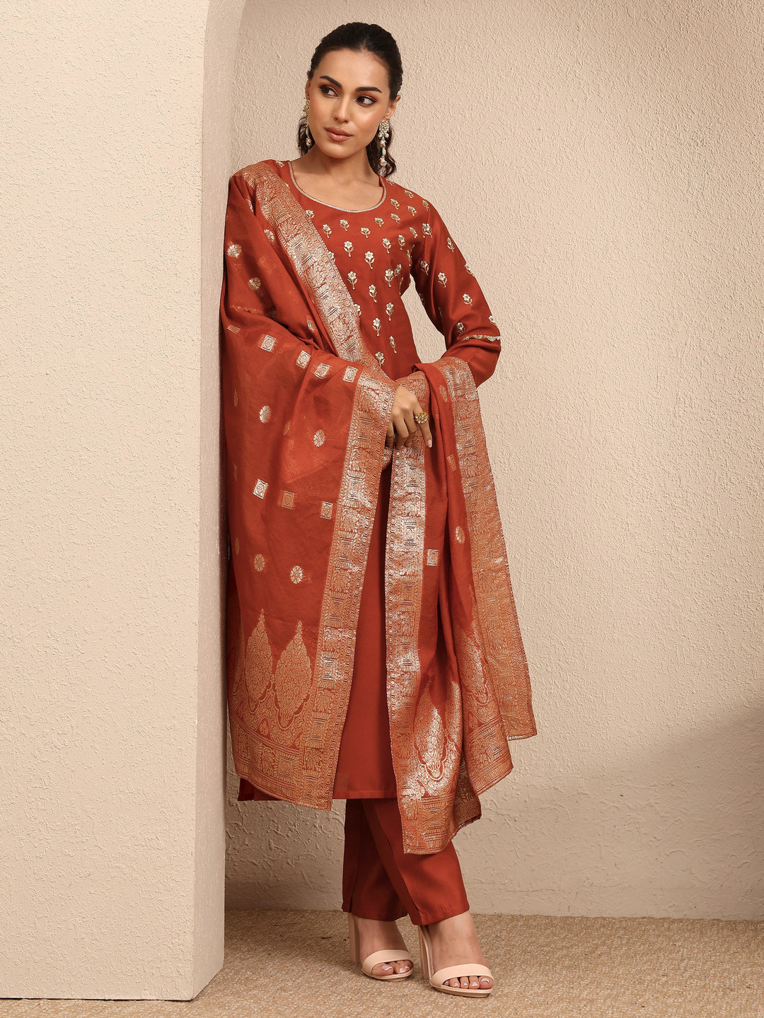 Rust Embroidered Silk blend Straight Suit Set With Dupatta
