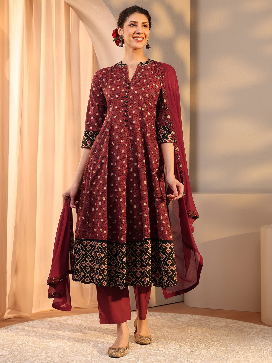 Rust Ethnic Motif Printed Cotton Anarkali Suit Set With Dupatta