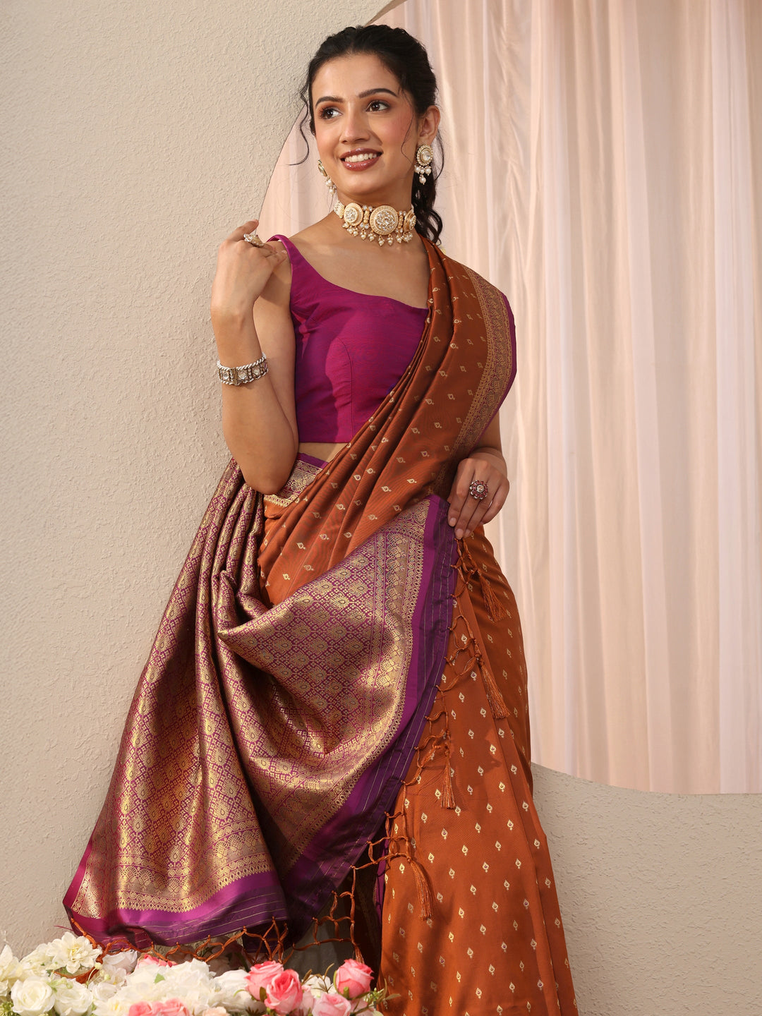 Rust Kanjeevaram Silk Blend Saree