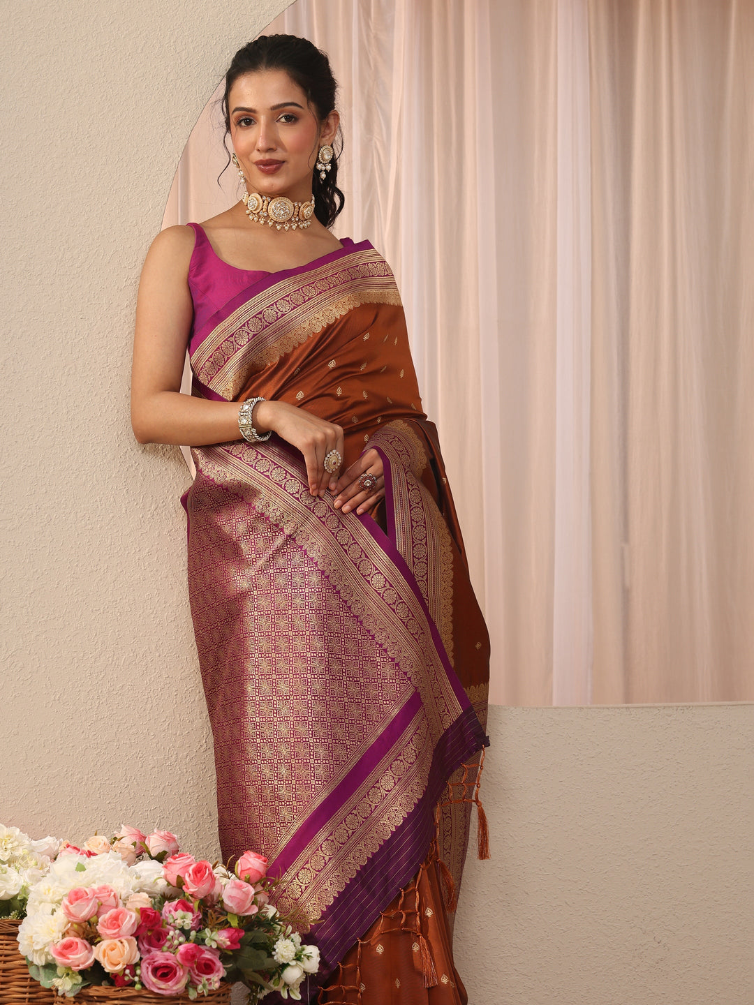 Libas Rust Kanjeevaram Silk Blend Saree