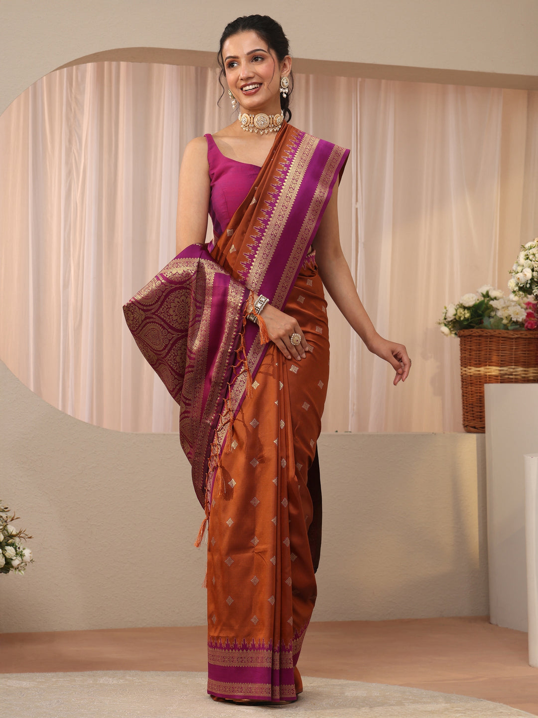 Libas Rust Kanjeevaram Silk Blend Saree