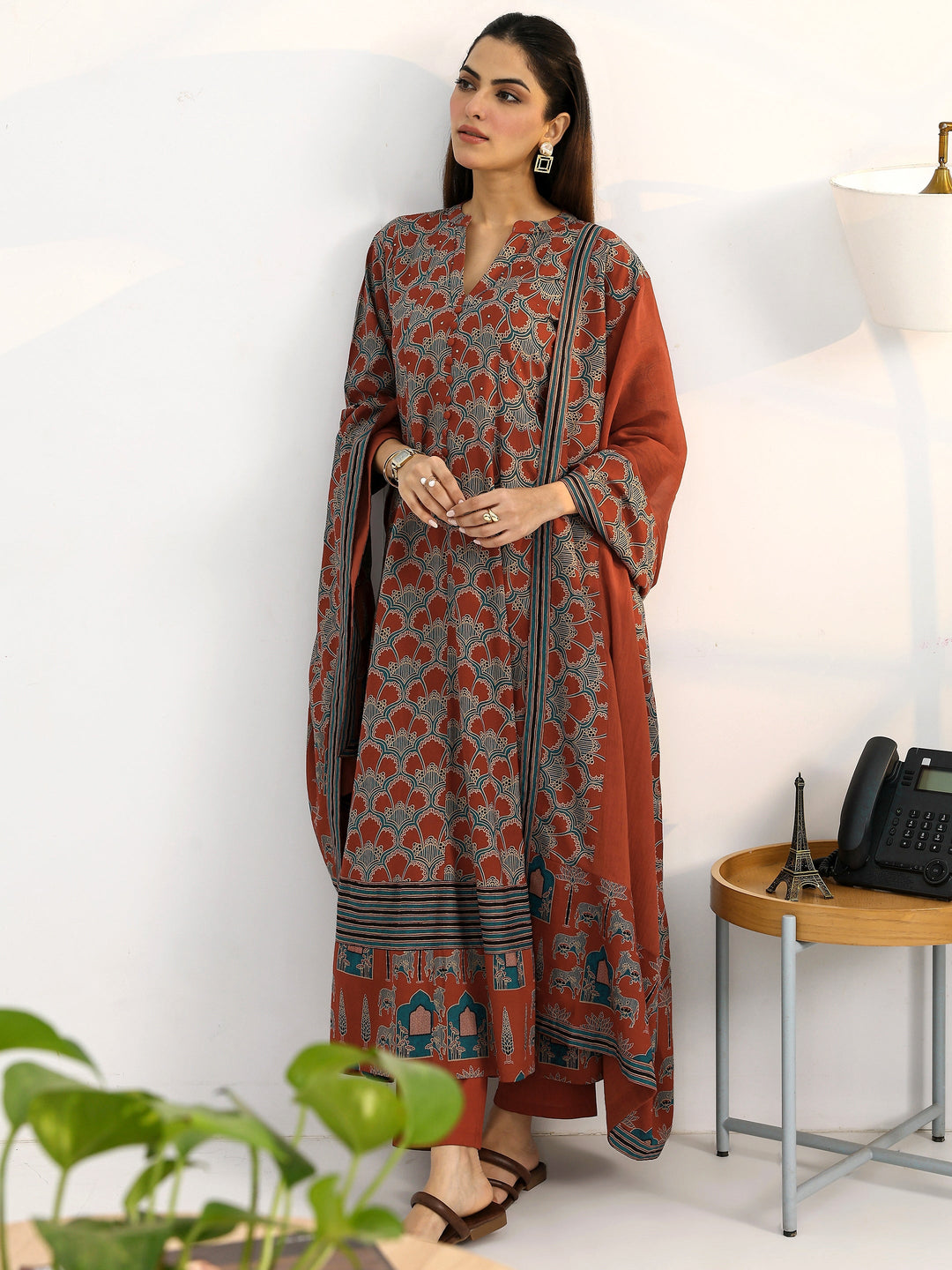Rust Ethnic Motifs Printed Cotton Blend A-Line Suit Set With Dupatta