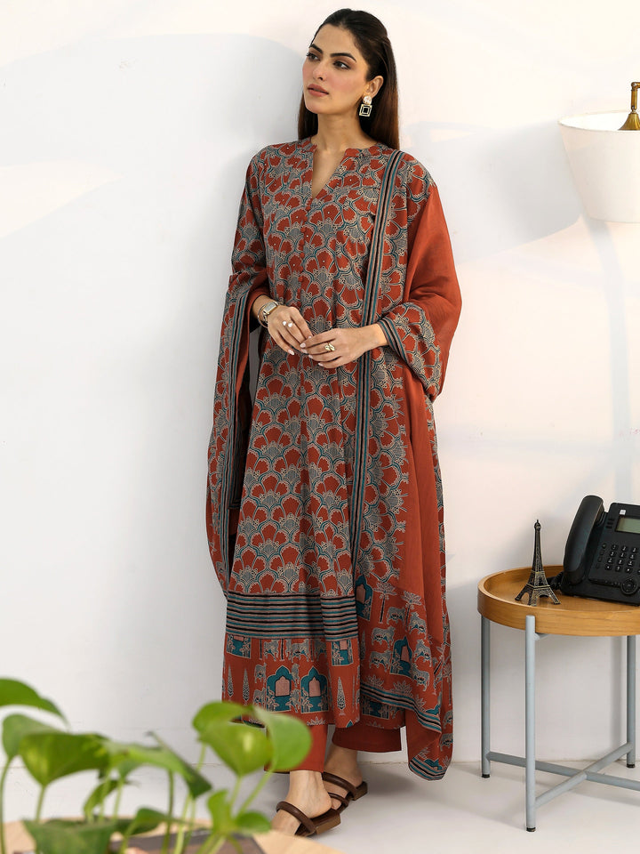 Rust Ethnic Motifs Printed Cotton Blend A-Line Suit Set With Dupatta