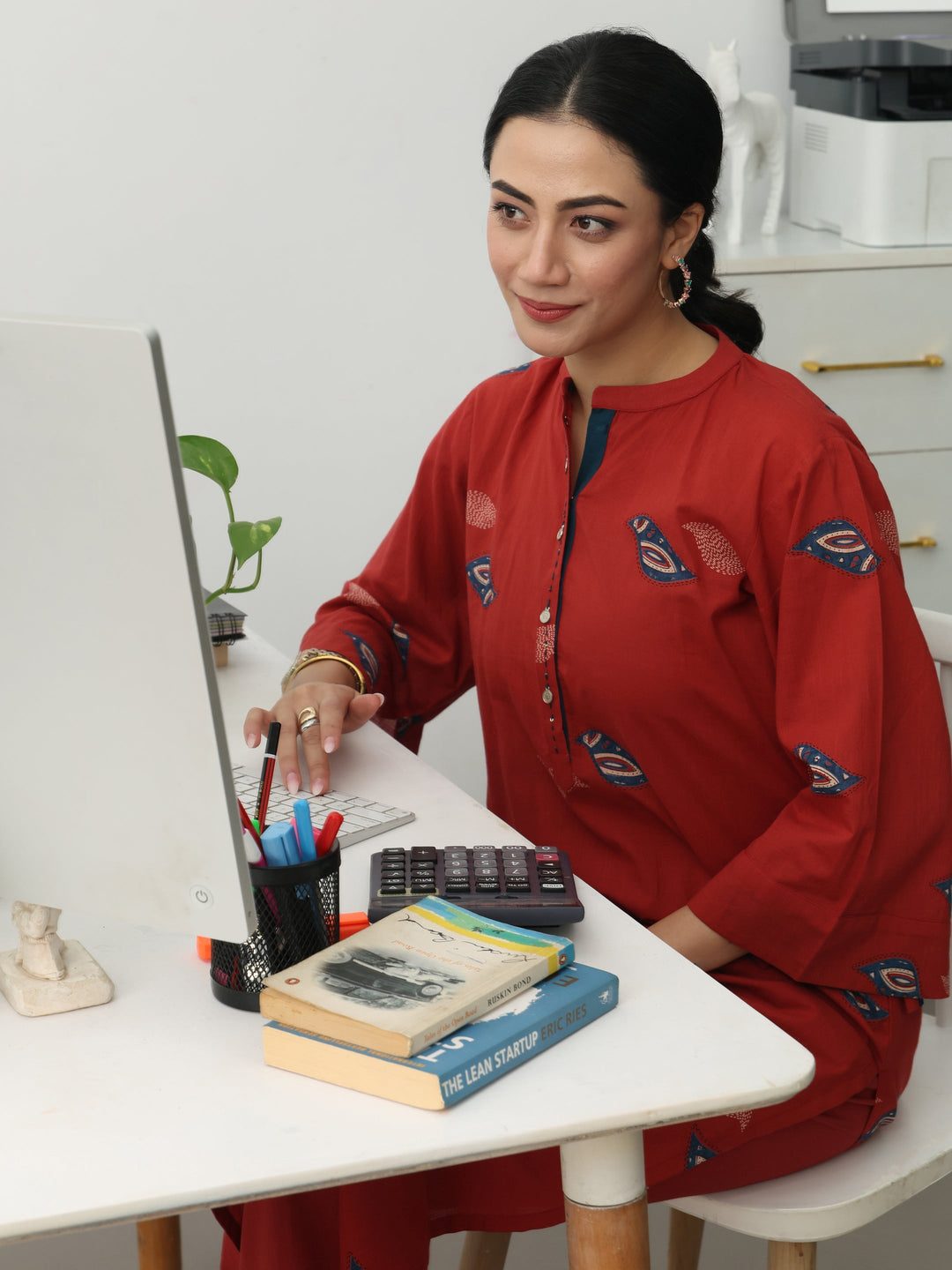 Rust Ethnic Motifs Printed Cotton Blend Straight Kurta Set