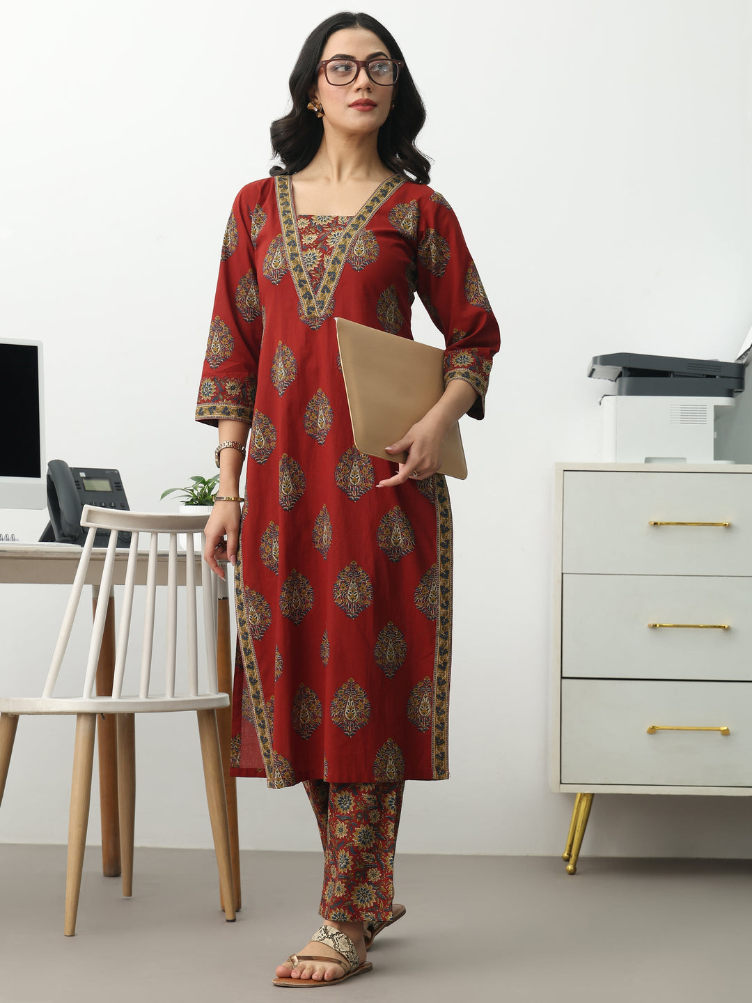 Rust Ethnic Motifs Printed Cotton Blend Straight Kurta Set