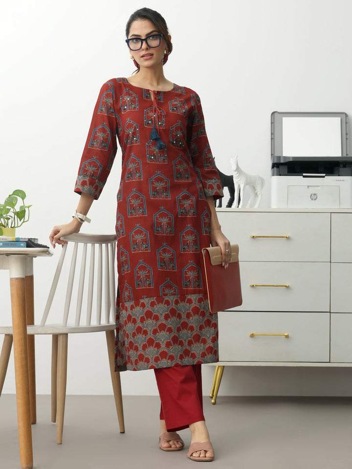 Rust Ethnic Motifs Printed Cotton Blend Straight Kurta Set