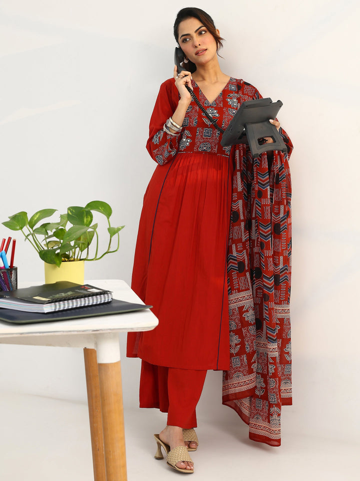 Rust Ethnic Motifs Yoke Design Cotton Blend A-Line Suit Set With Dupatta