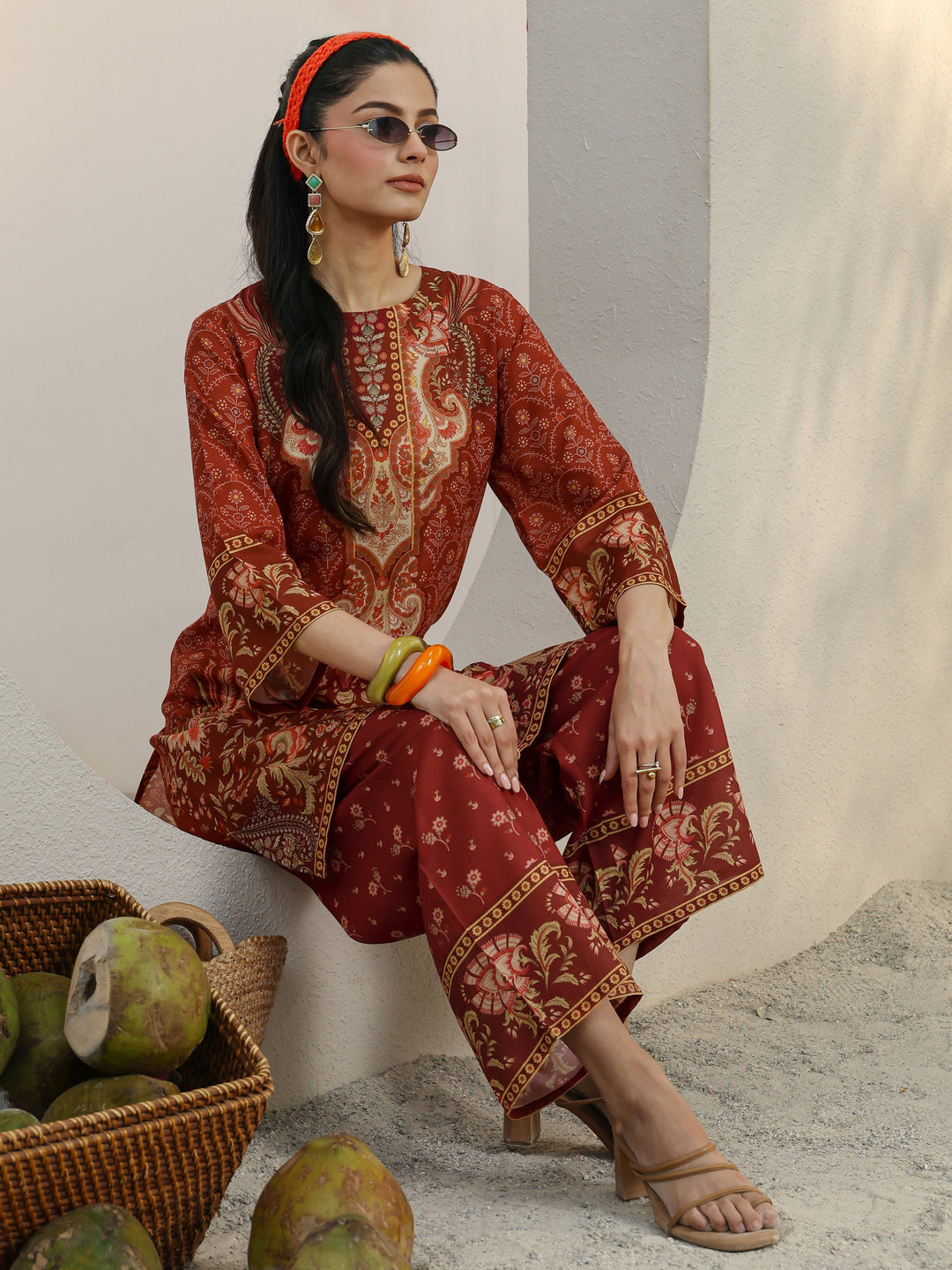 Rust Ethnic Printed Cotton Blend Co-Ord Set