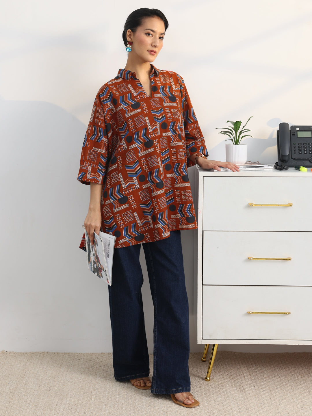 Rust Ethnic Printed Cotton Shirt