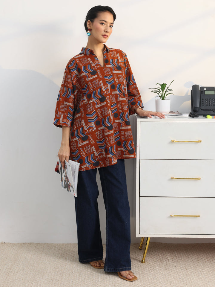 Rust Ethnic Printed Cotton Shirt
