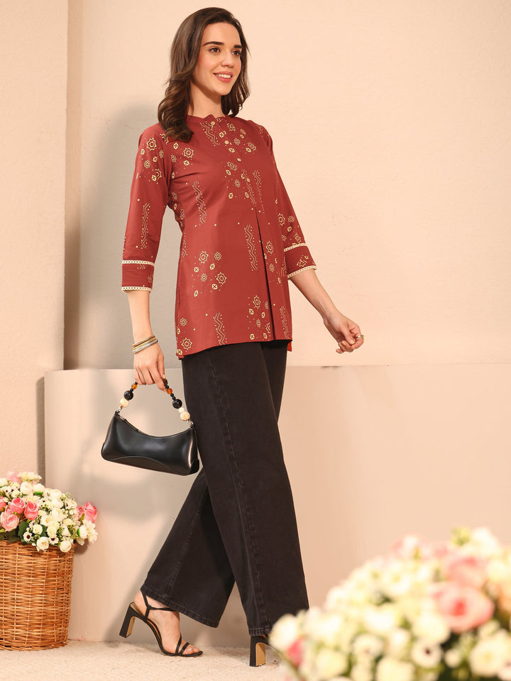 Rust Ethnic Printed Cotton Straight Short Kurti