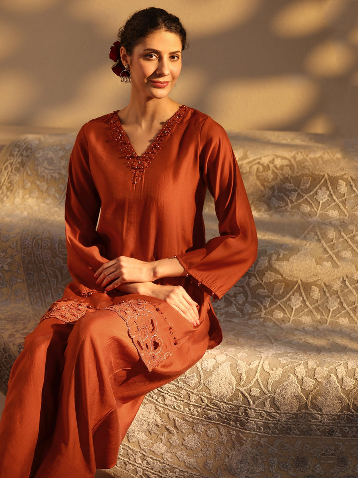 Rust Floral Embellished Silk Blend Co-Ord Set