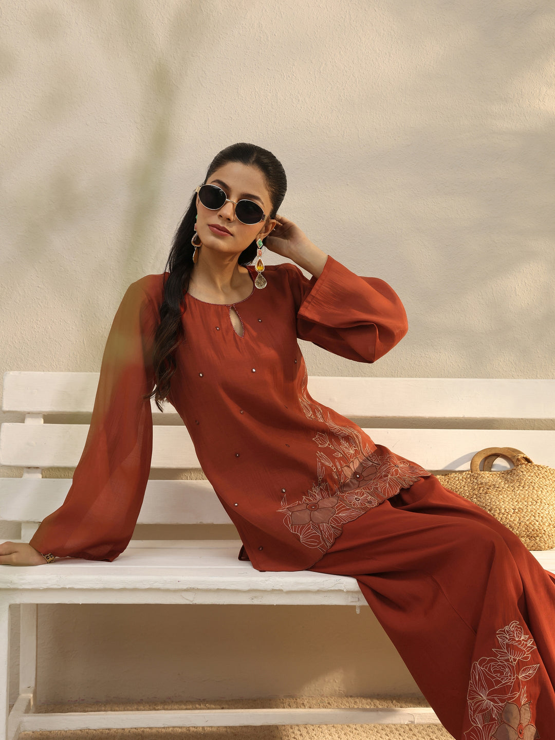 Rust Floral Embroidered Chanderi Silk Co-Ord Set