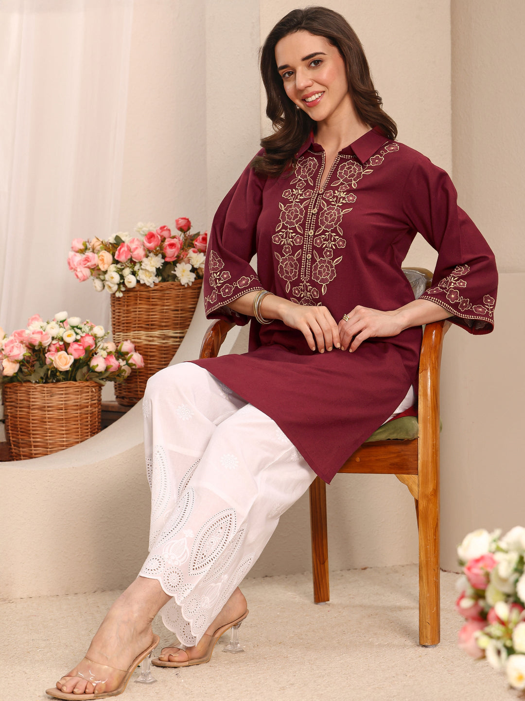 Rust Floral Embroidered Cotton Straight Short Kurti