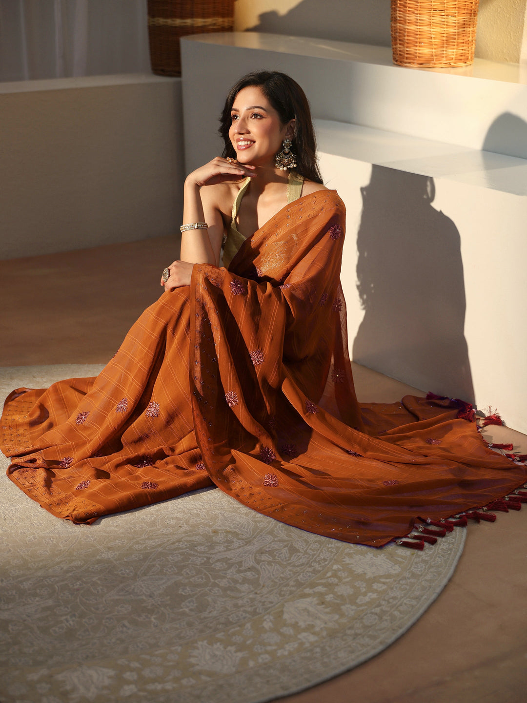 Rust Floral Embroidered Georgette Saree