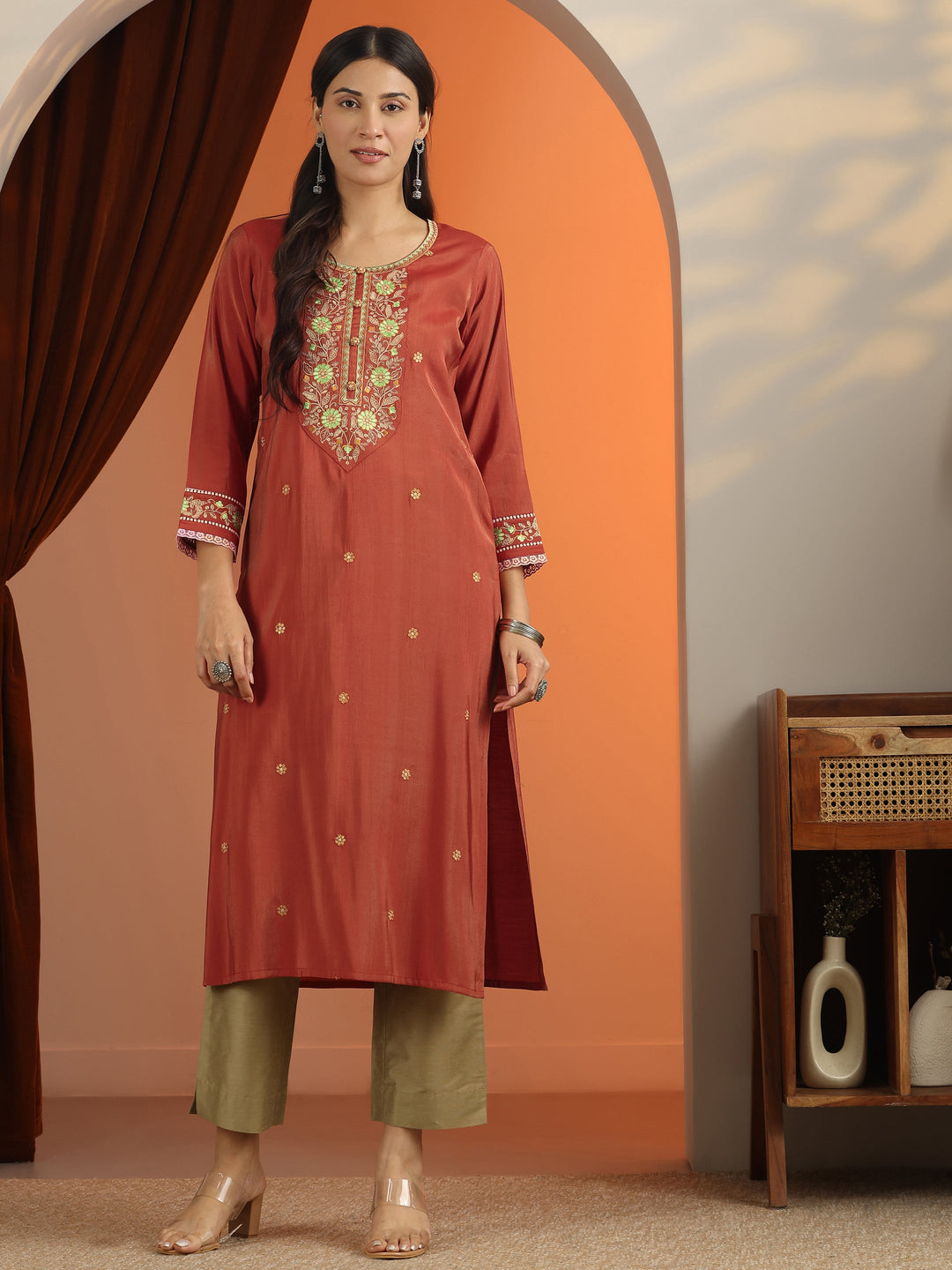 Rust Floral Embroidered Silk Blend Straight Kurta