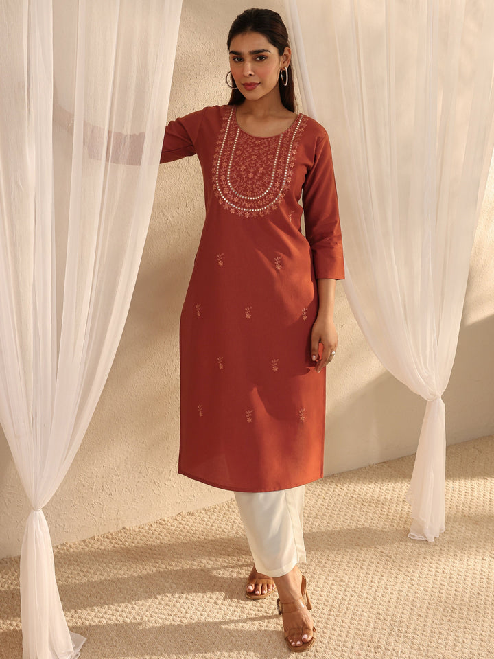 Rust Floral Embroidered Silk Blend Straight Kurta