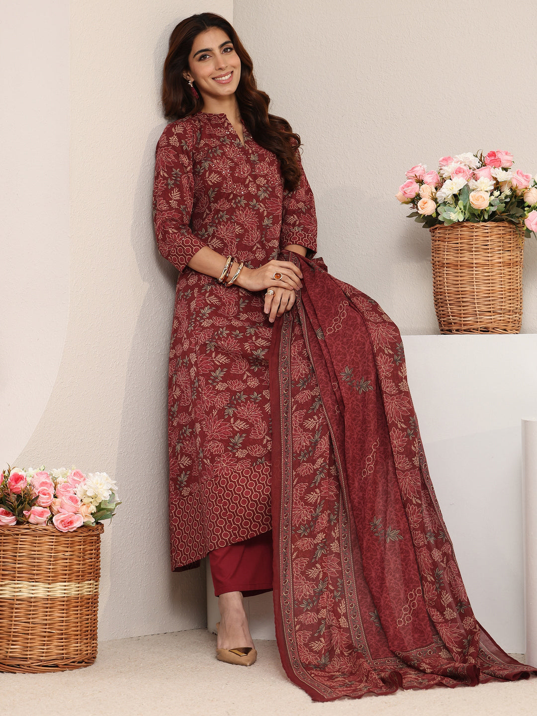 Rust Floral Printed Cotton A-Line Suit Set With Dupatta