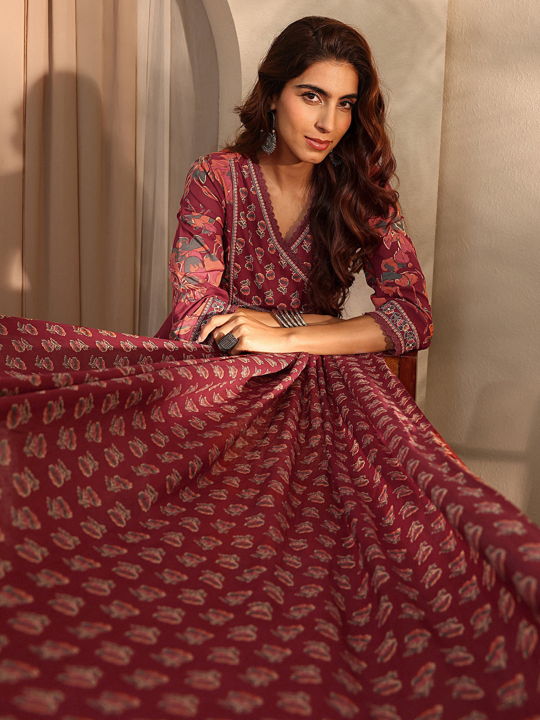 Rust Floral Printed Cotton Blend A-Line Suit Set With Dupatta