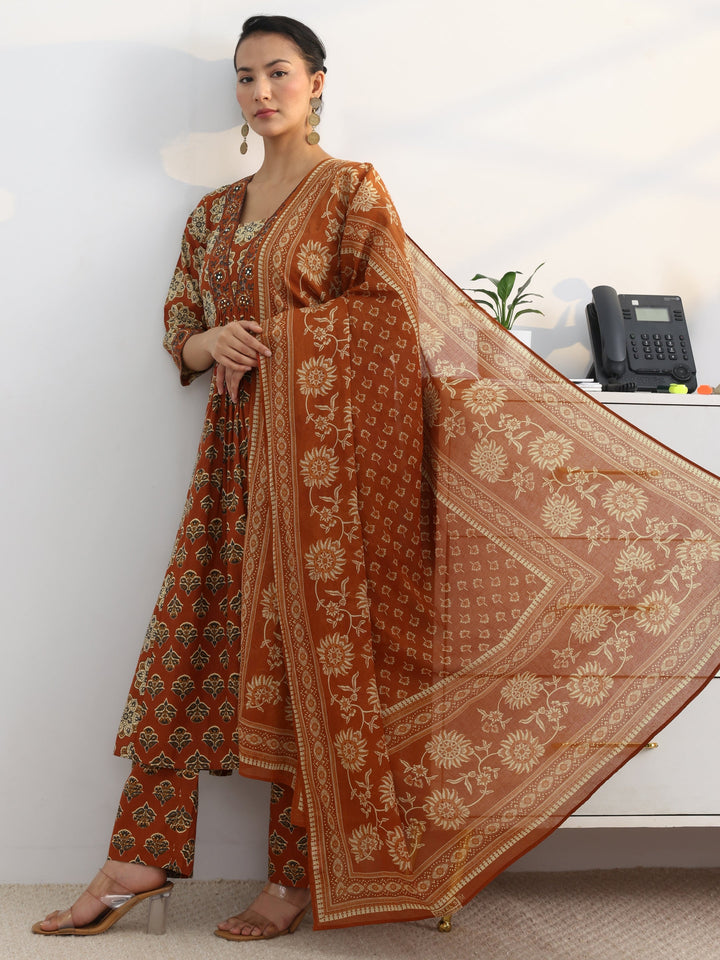 Rust Floral Printed Cotton Blend A-Line Suit Set With Dupatta