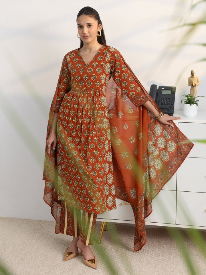 Rust Floral Printed Cotton Blend A-Line Suit Set With Dupatta