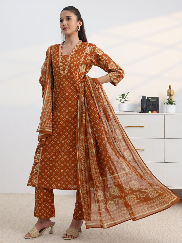 Rust Floral Printed Cotton Blend A-Line Suit Set With Dupatta