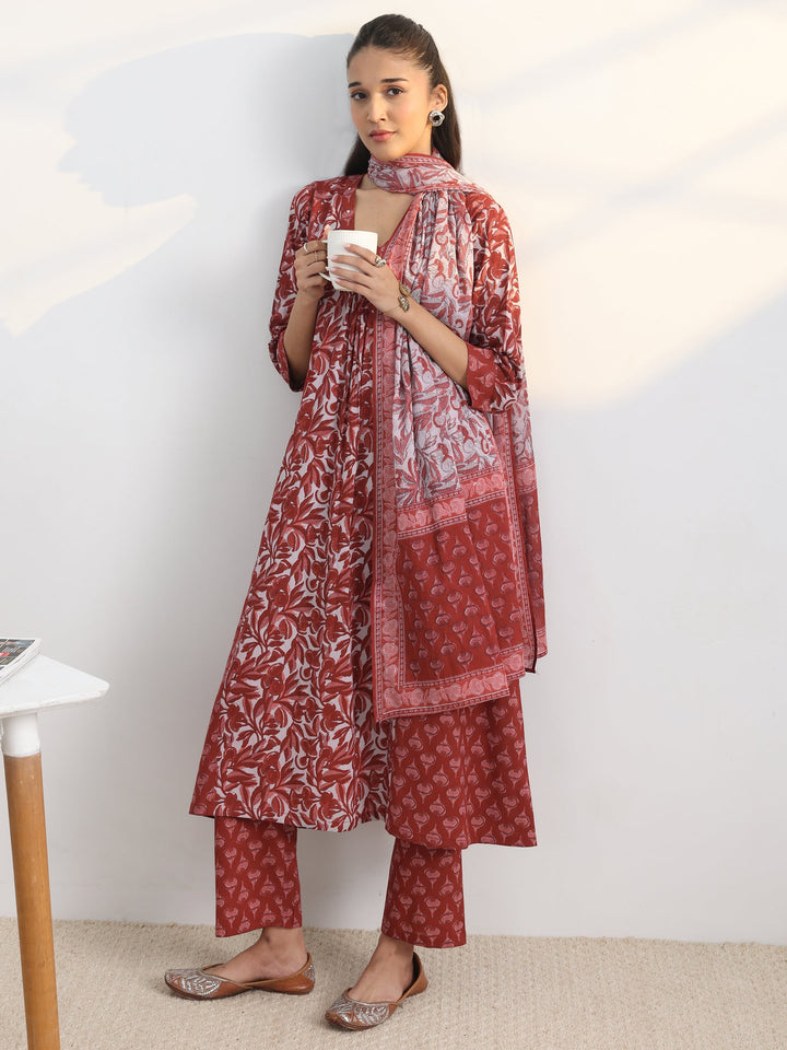 Rust Floral Printed Cotton Blend A-Line Suit Set With Dupatta