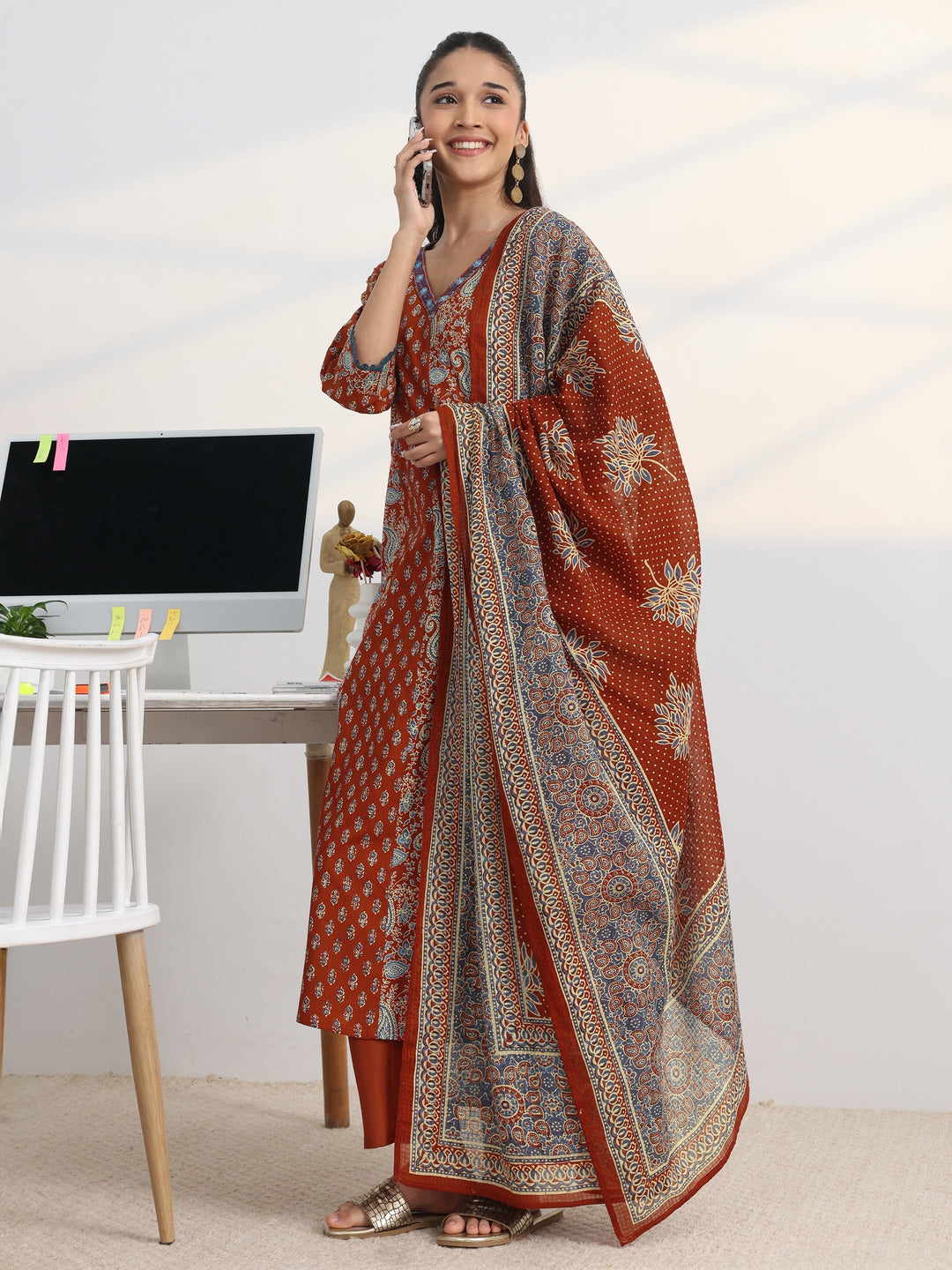 Rust Floral Printed Cotton Blend A-Line Suit Set With Dupatta