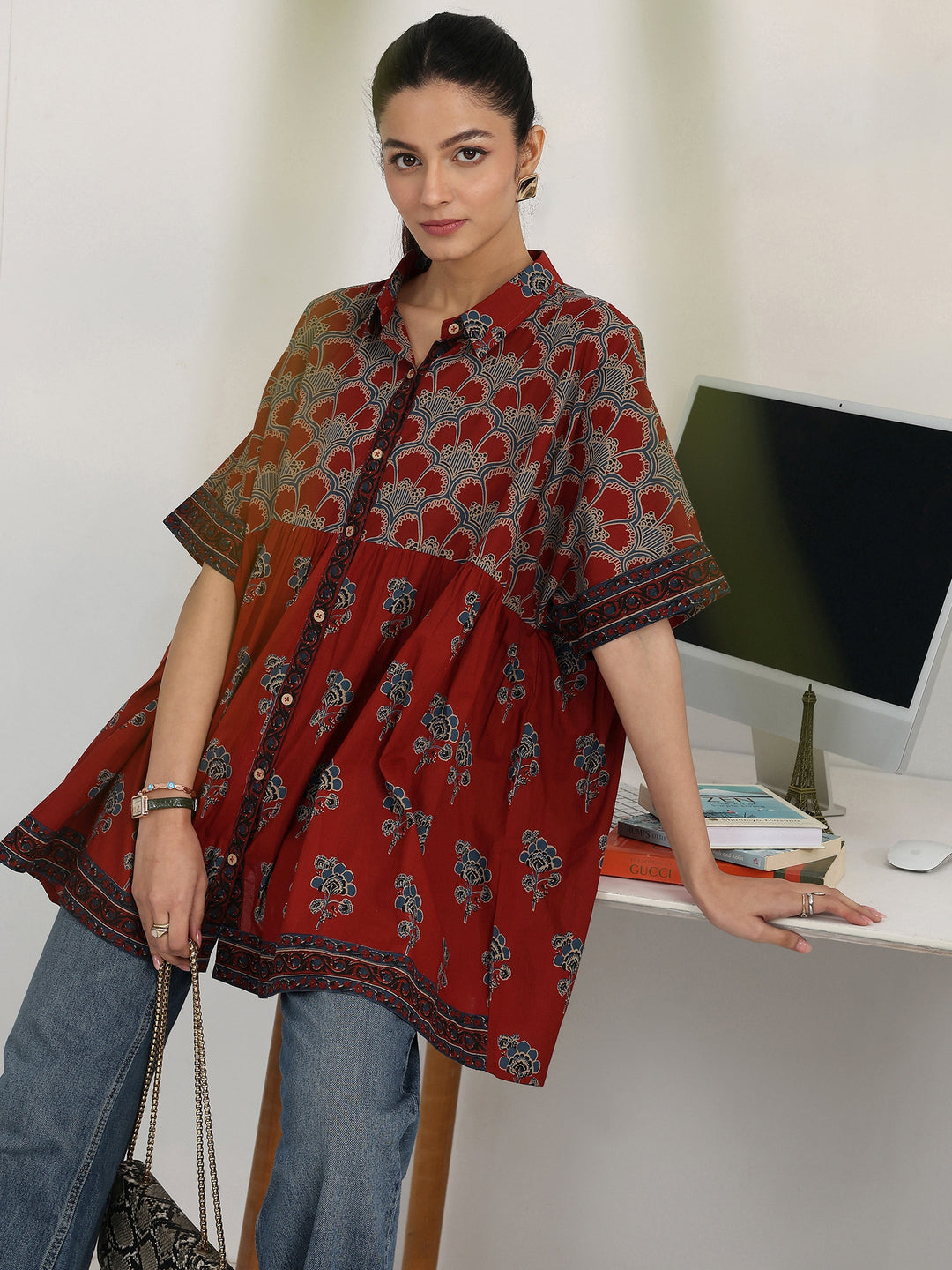 Rust Floral Printed Cotton Blend Shirt