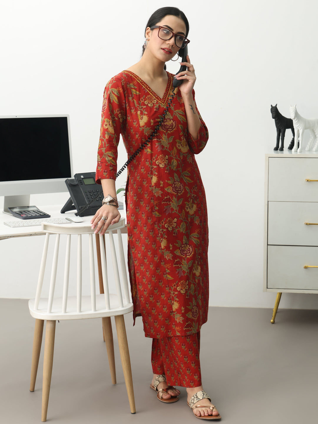 Rust Floral Printed Cotton Blend Straight Kurta Set