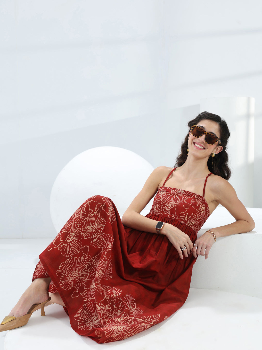 Rust Floral Printed Cotton Fit-And-Flare One-Piece Dress
