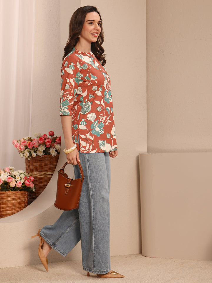 Rust Floral Printed Cotton Straight Short Kurti