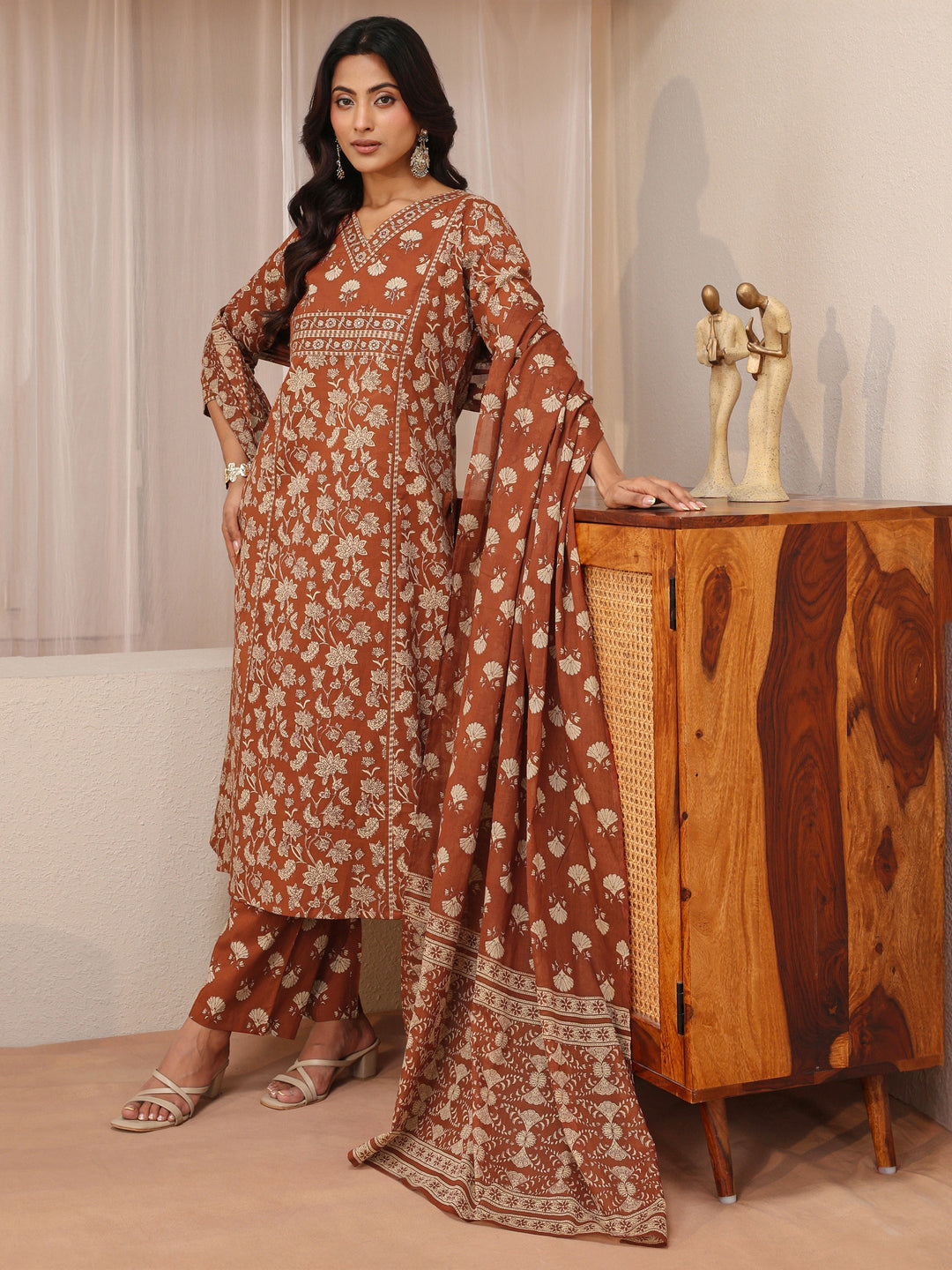 Rust Floral Printed Cotton Straight Suit Set