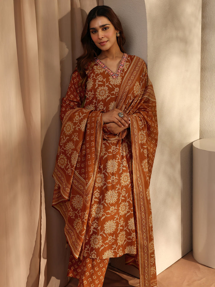 Rust Floral Printed Cotton Straight Suit Set With Dupatta