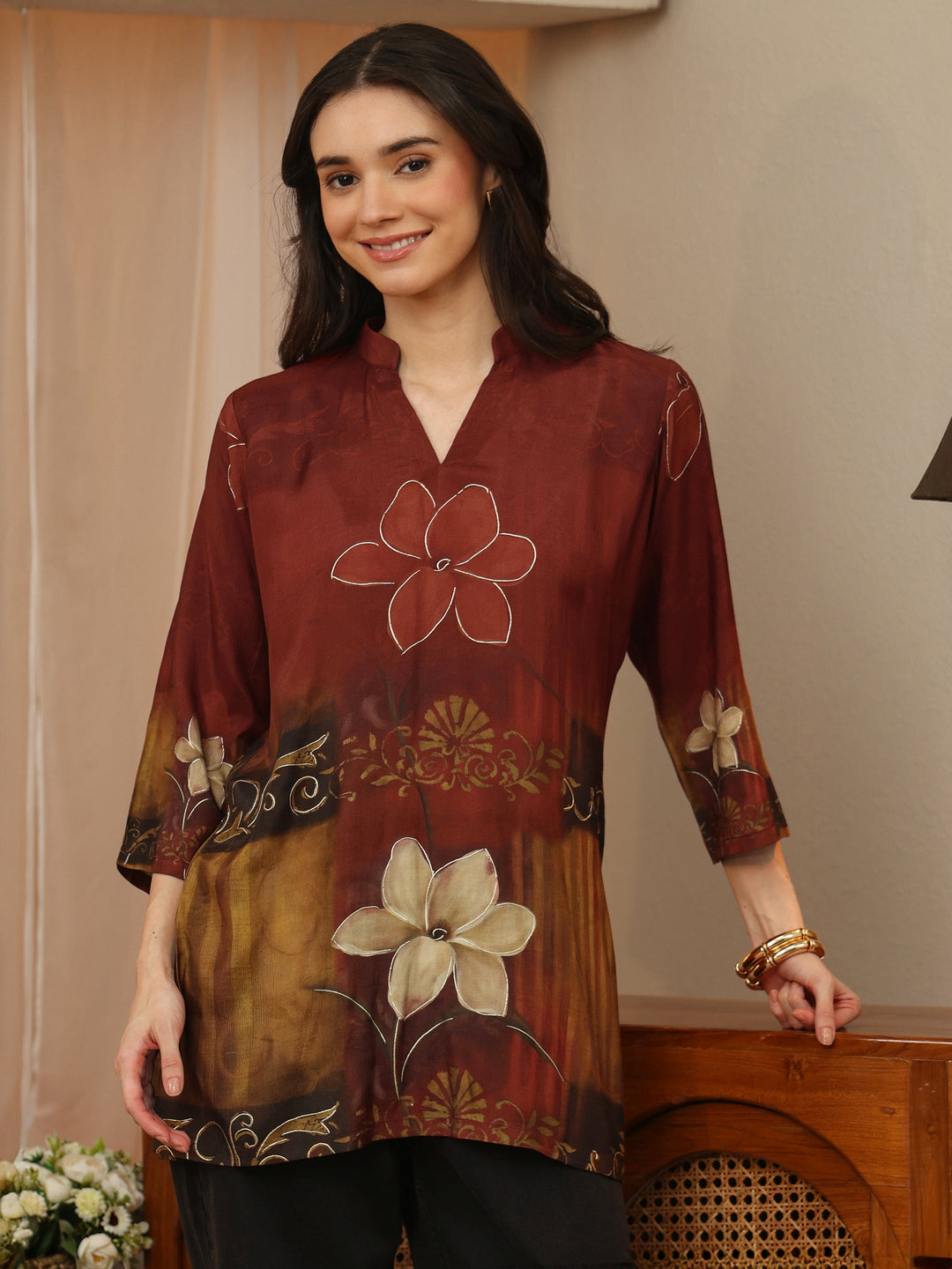 Rust Floral Printed Muslin Straight Short Kurti