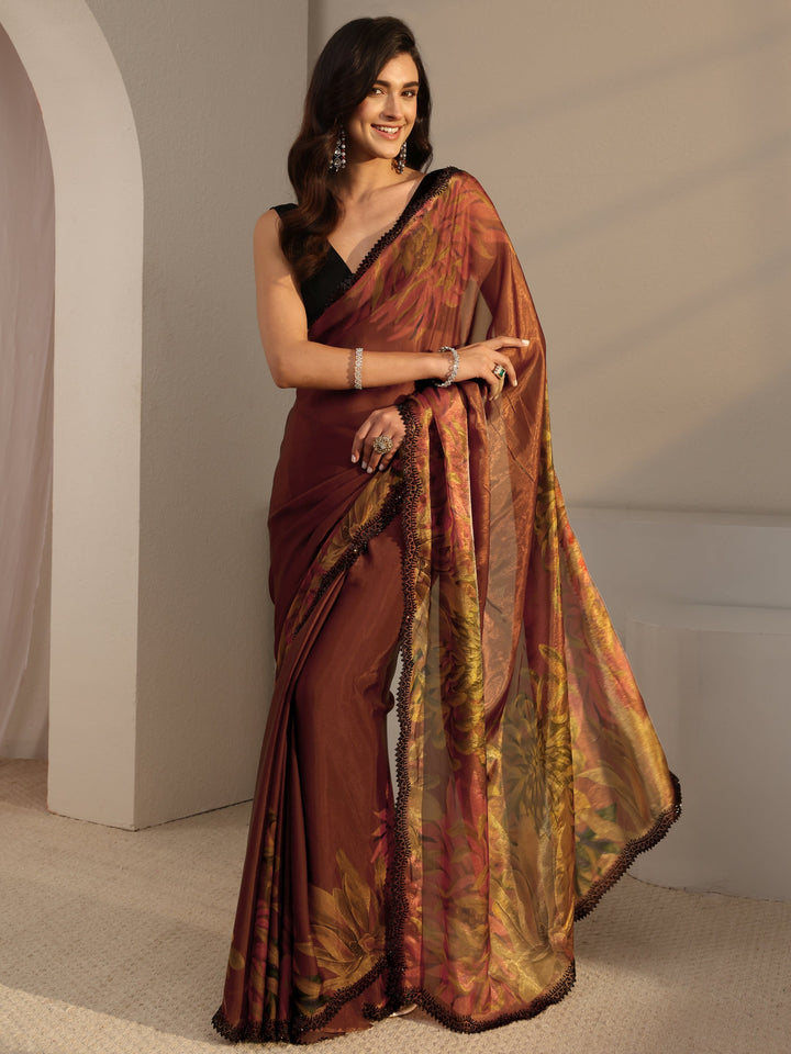 Libas Rust Floral Printed Satin Saree With Unstitched Blouse Piece
