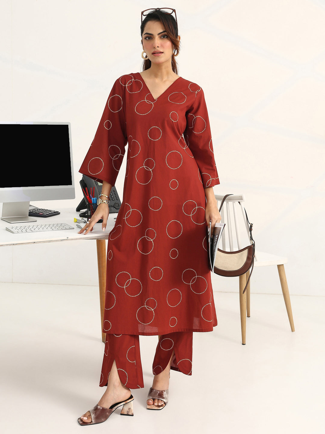 Rust Geometric Printed Cotton Blend A-Line Kurta Set