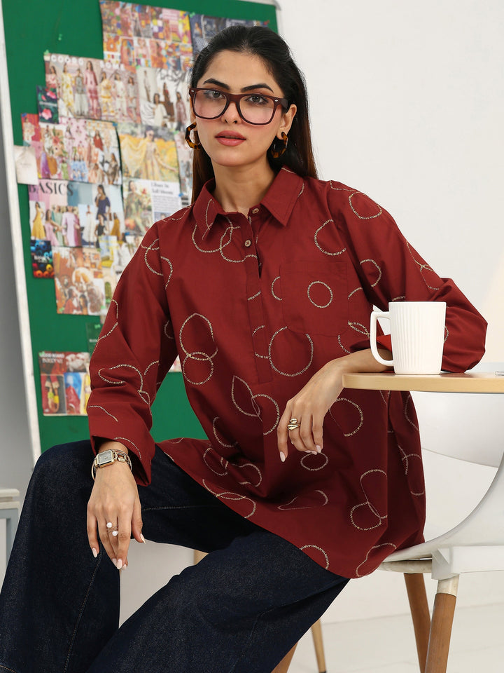 Rust Geometric Printed Cotton Blend Straight Short Kurti