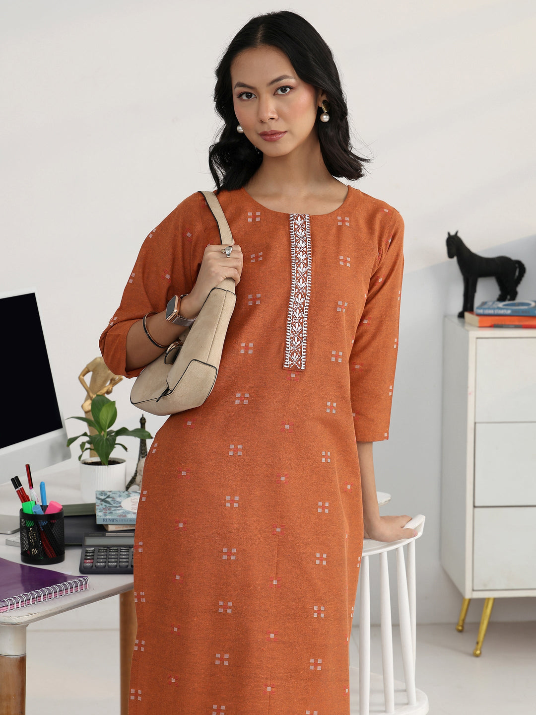 Rust Geometric Woven Design Cotton Blend Straight Kurta Set