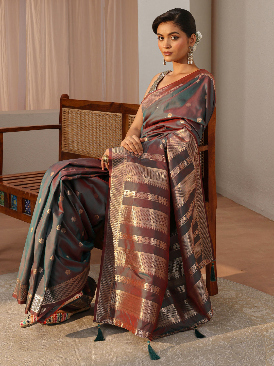 Rust Kanjeevaram Silk Blend Saree